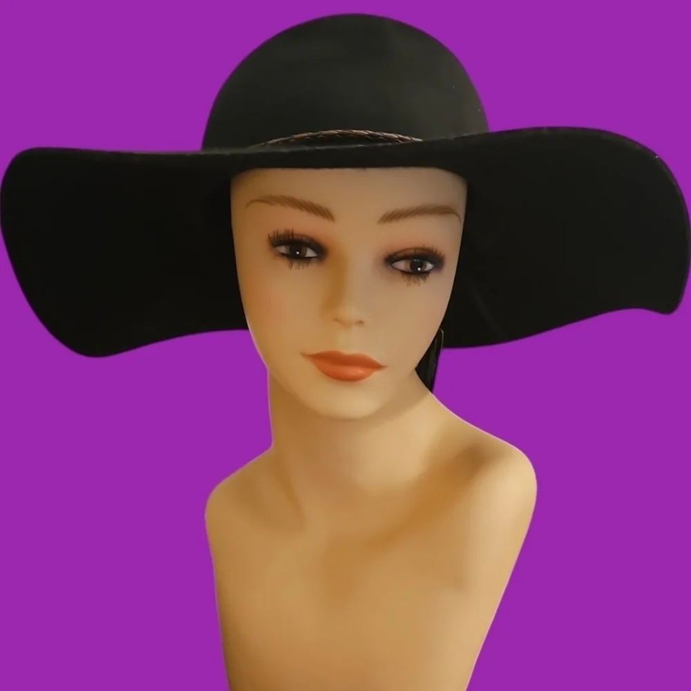 ADORA Black Felt Wide Brim Floppy Wool Hat